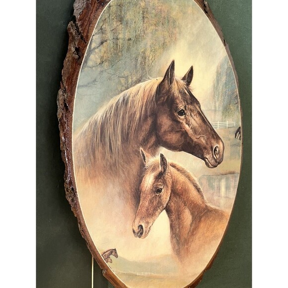 Vintage Decoupage Wooden Slab Horse Painting, Horse And Foal / Wall Art 7 x 11 - Picture 6 of 8